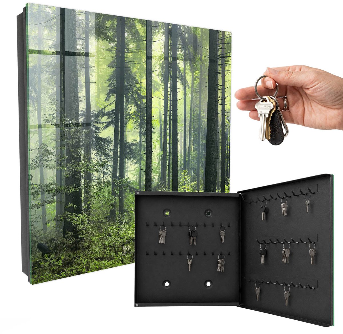 WallMuralia - Sleutelkast - 30x30x5 cm - met 50 haken - Groen Bos Design Sleutelkastje - Groente Sleutelbox - Rechtsopenend - Zwart interieur
