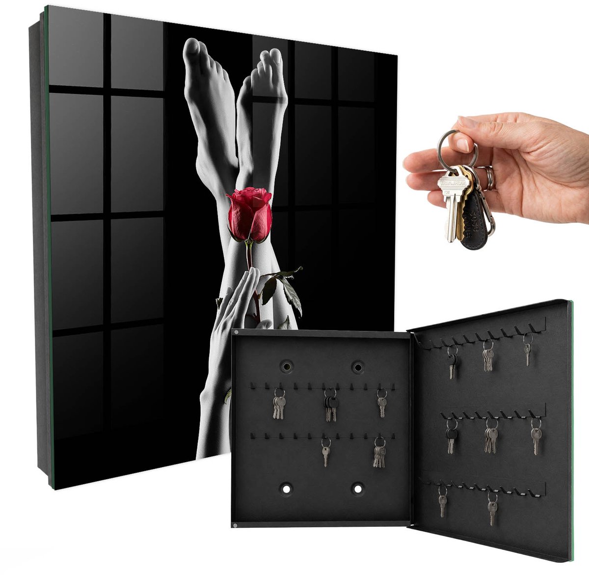 WallMuralia - Sleutelkast - 30x30x5 cm - met 50 haken - De Elegantie Van Een Roos Sleutelkastje Landelijk - Zwart Sleutelbox - Rechtsopenend - Zwart interieur