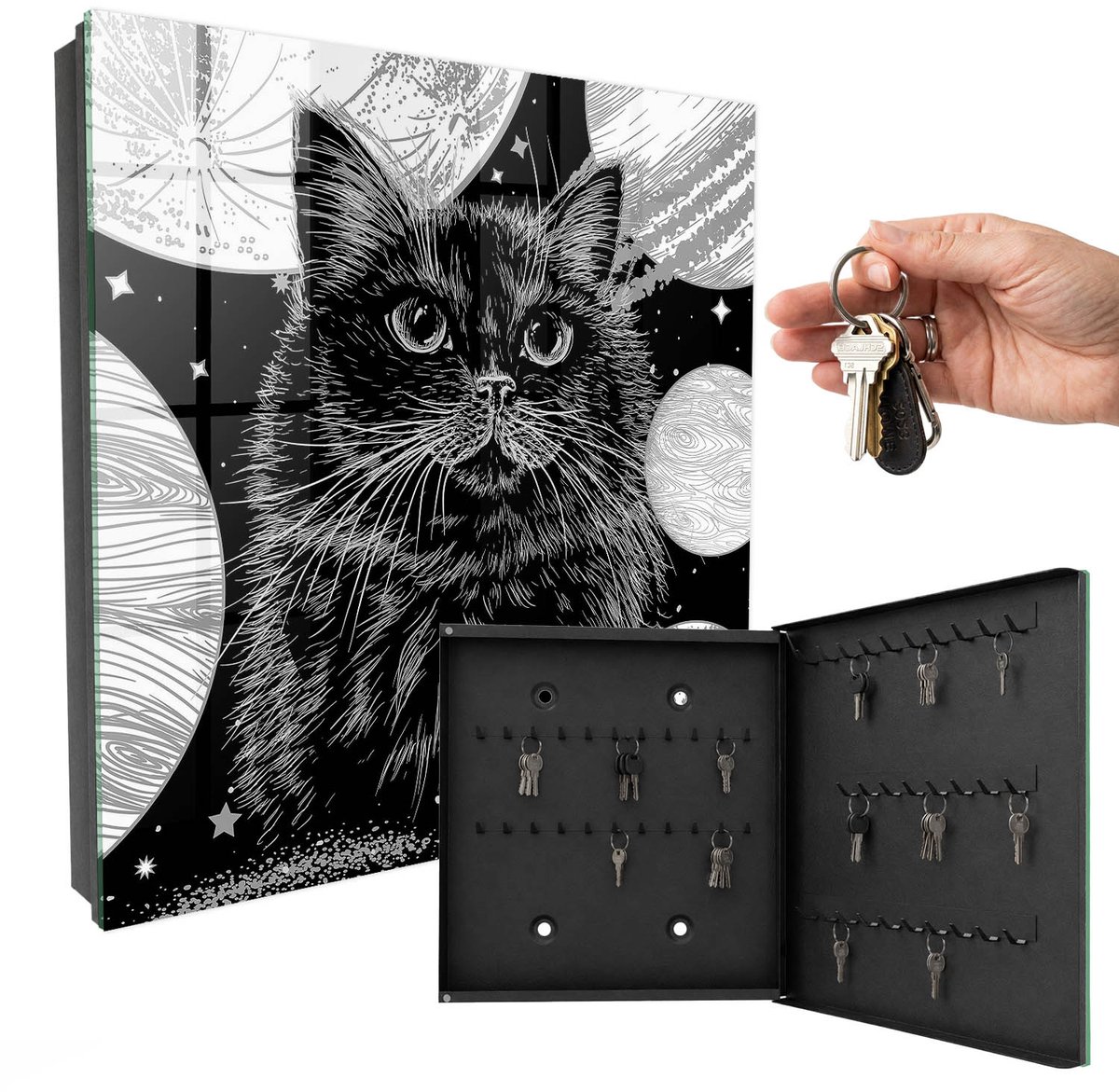 WallMuralia - Sleutelkast - 30x30x5 cm - met 50 haken - Ruimtekat Sleutelkastje - Zwart Sleutelbox - Rechtsopenend - Zwart interieur