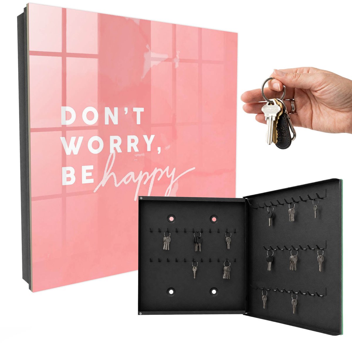 WallMuralia - Sleutelkast - 30x30x5 cm - met 50 haken - Positieve Inspiratie Sleutelkastje Landelijk - Roze Sleutelbox - Rechtsopenend - Zwart interieur