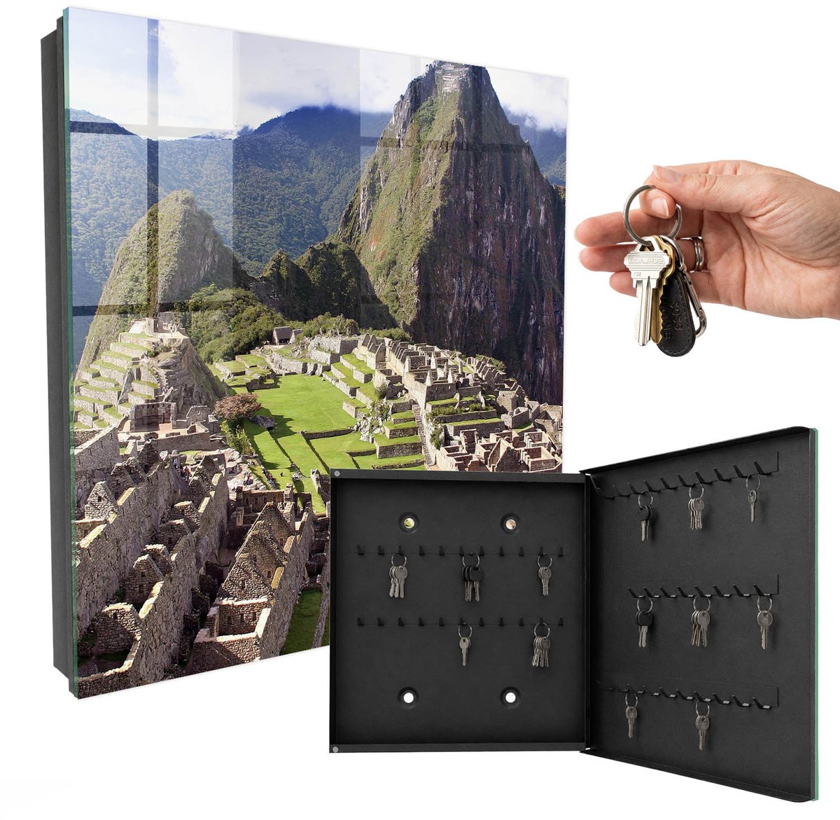 WallMuralia - Sleutelkast - 30x30x5 cm - met 50 haken - Bergstad Sleutelkastje Gang - Groente Sleutelbox - Rechtsopenend - Zwart interieur