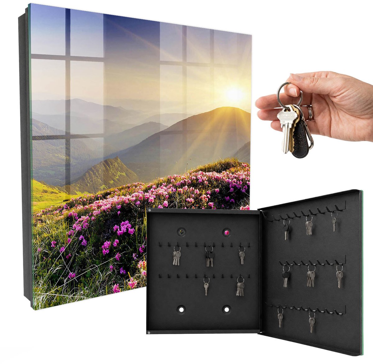 WallMuralia - Sleutelkast - 30x30x5 cm - met 50 haken - Bergachtig Oosten Sleutelkastje Huis - Groente Sleutelbox - Rechtsopenend - Zwart interieur