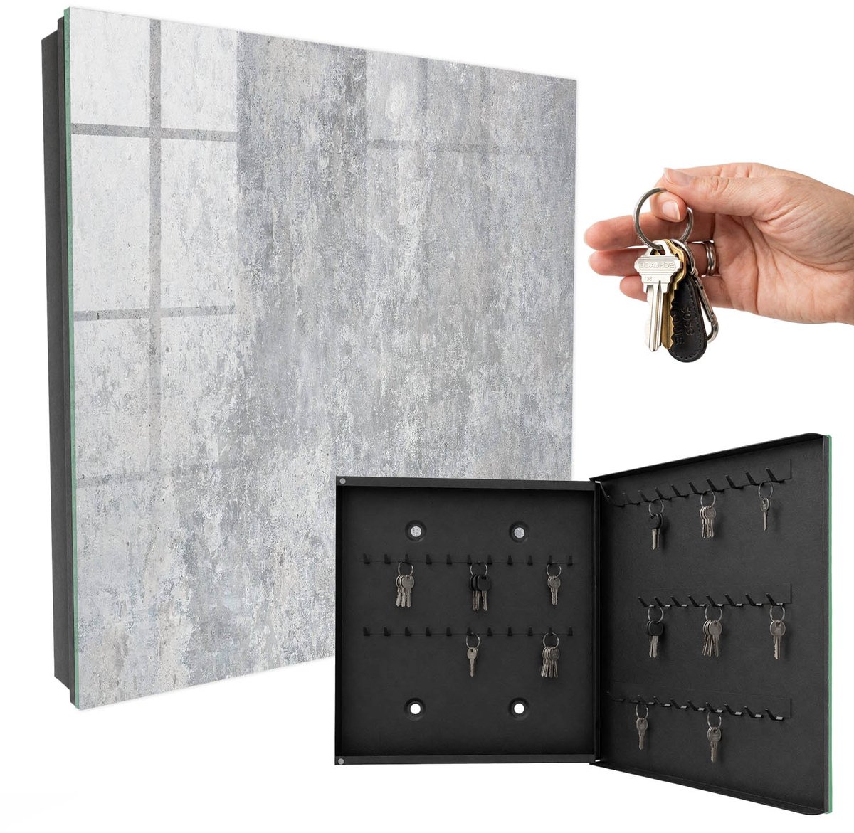 WallMuralia - Sleutelkast - 30x30x5 cm - met 50 haken - Betonpatroon Sleutelkastje Industrieel - Grijs Sleutelbox - Rechtsopenend - Zwart interieur