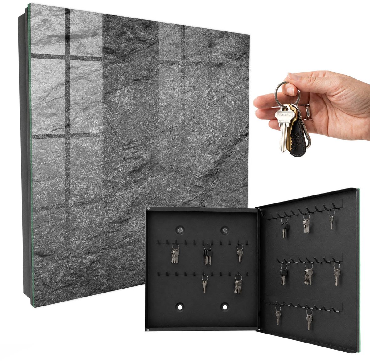 WallMuralia - Sleutelkast - 30x30x5 cm - met 50 haken - Grijze Steen Leuk Sleutelkastje - Grijs Sleutelbox - Rechtsopenend - Zwart interieur