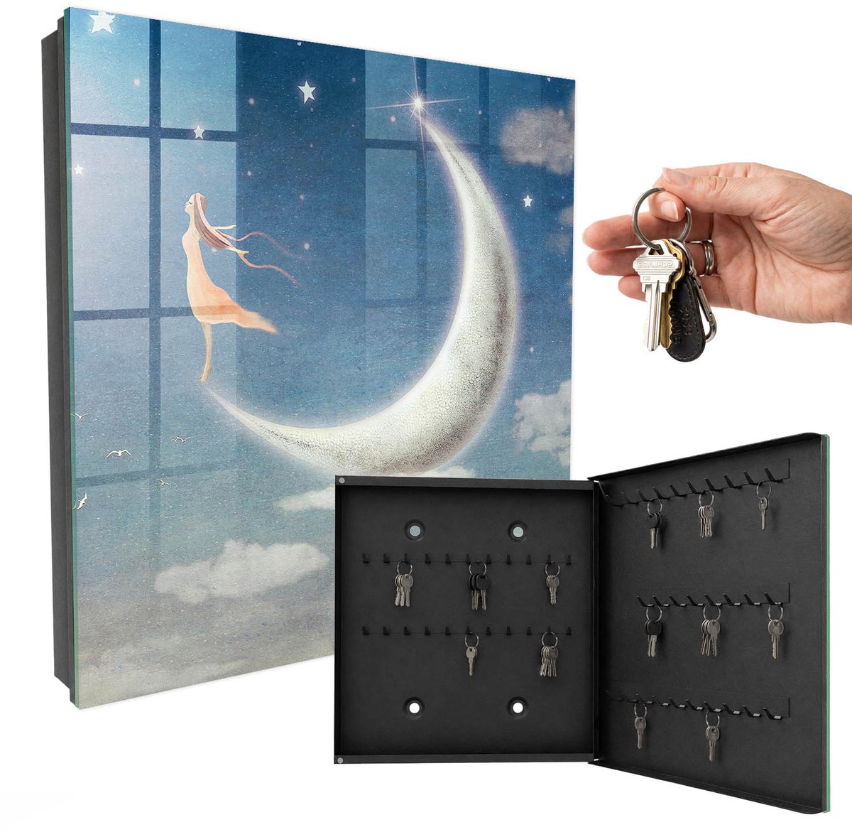 WallMuralia - Sleutelkast - 30x30x5 cm - met 50 haken - Hemelse Reis Sleutelkastje Design - Blauw Sleutelbox - Rechtsopenend - Zwart interieur