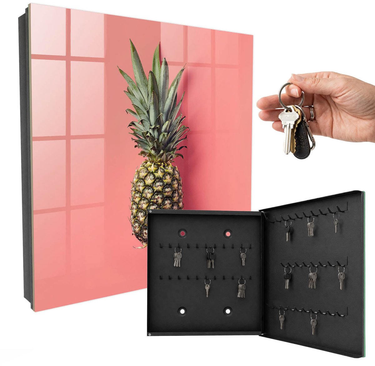 WallMuralia - Sleutelkast - 30x30x5 cm - met 50 haken - Exotische Ananas Sleutelkastje Gang - Roze Sleutelbox - Rechtsopenend - Zwart interieur