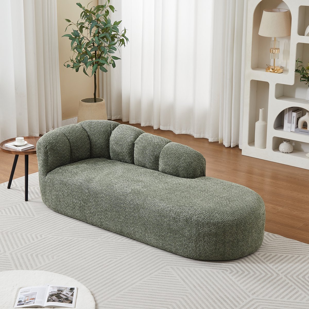 OKWISH Chaise Longue 1-Zits - Gebogen Rugleuning Met Golfstiksel & Dikke Vulling - Voor Woonkamer of Leeshoek - Chenille - Groen