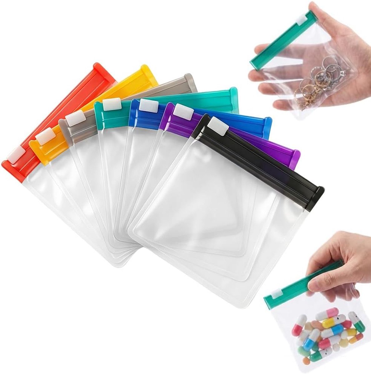 Ulisem - Pillenzakjes - 7 stuks herbruikbare opbergzakjes met ritssluiting en schuifsluiting - Waterdicht EVA materiaal - 7.5x7.5 cm compact formaat - Geschikt voor medicijnen, vitaminen en sieraden - Voor reis en thuis - Herbruikbaar