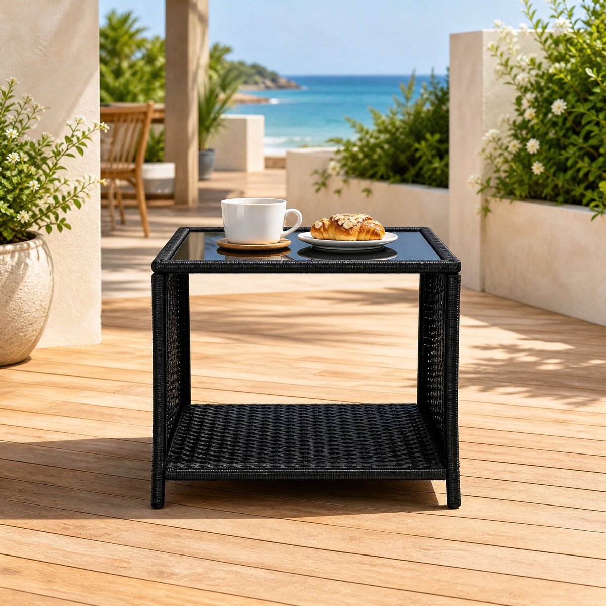 COVREO Bijzettafel 45 x 45 x 40 cm zwart, polyrattan met opbergruimte