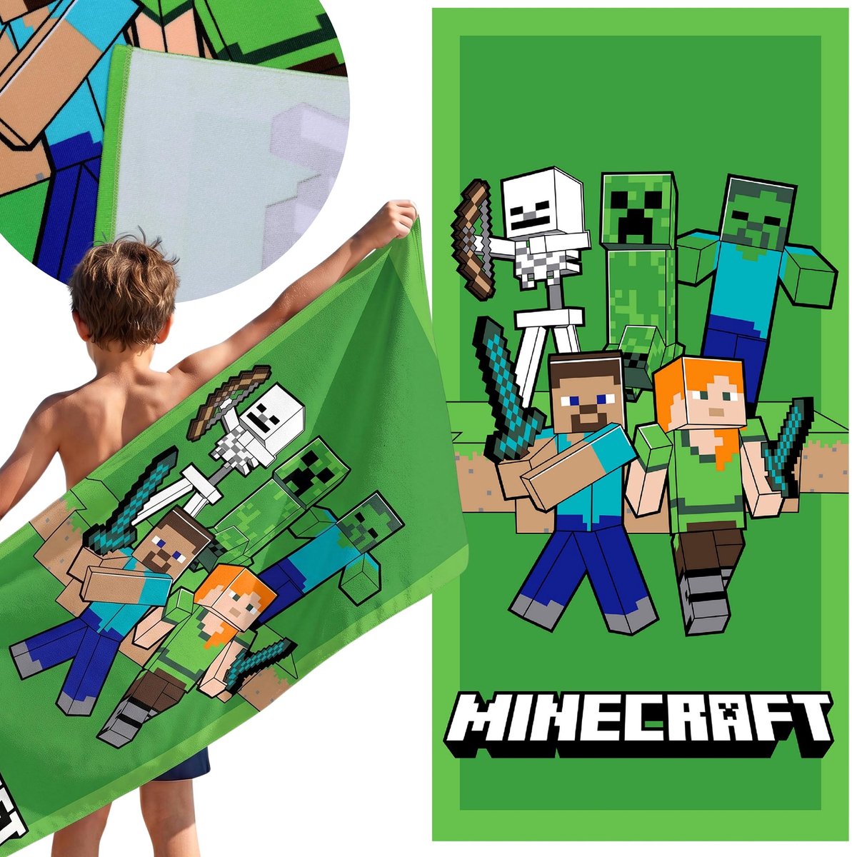 Minecraft Groene, SNELDROGEND Strandlaken, badlaken VOOR JONGENS, microvezel 70x140 cm OEKO-TEX