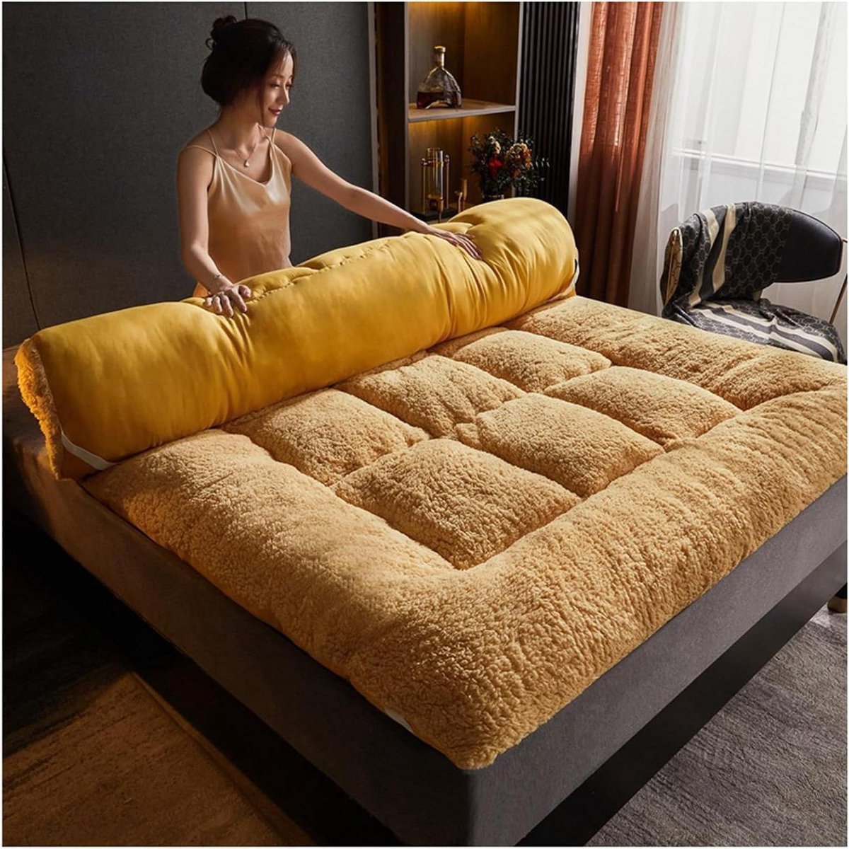 Japanse Futonmatras - Vloermatras Kamperen - Comfortabel Slapen - 8 cm Dik - 60 x 120 cm - Geel