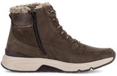Donkerbruine leren veterboot met rits aan de zijkant, beige zool en lichte fleece voering.