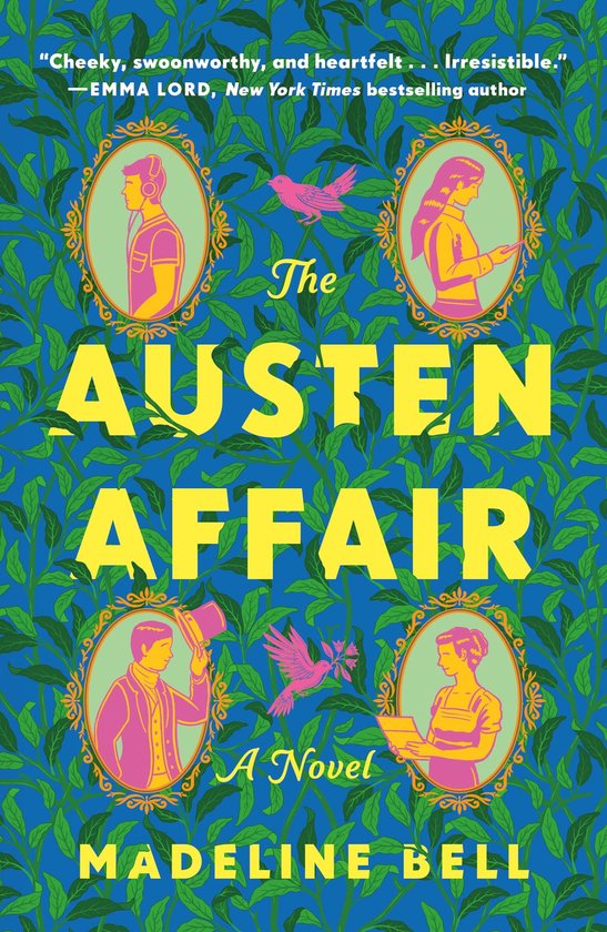 De kaft van "The Austen Affair" heeft een groen, bloemrijk patroon met in het midden de titel in gele letters. Vier ovale portretten van mannen en vrouwen in kleurrijke kleding en met hoeden zijn verspreid over de kaft, samen met twee roze vogels.