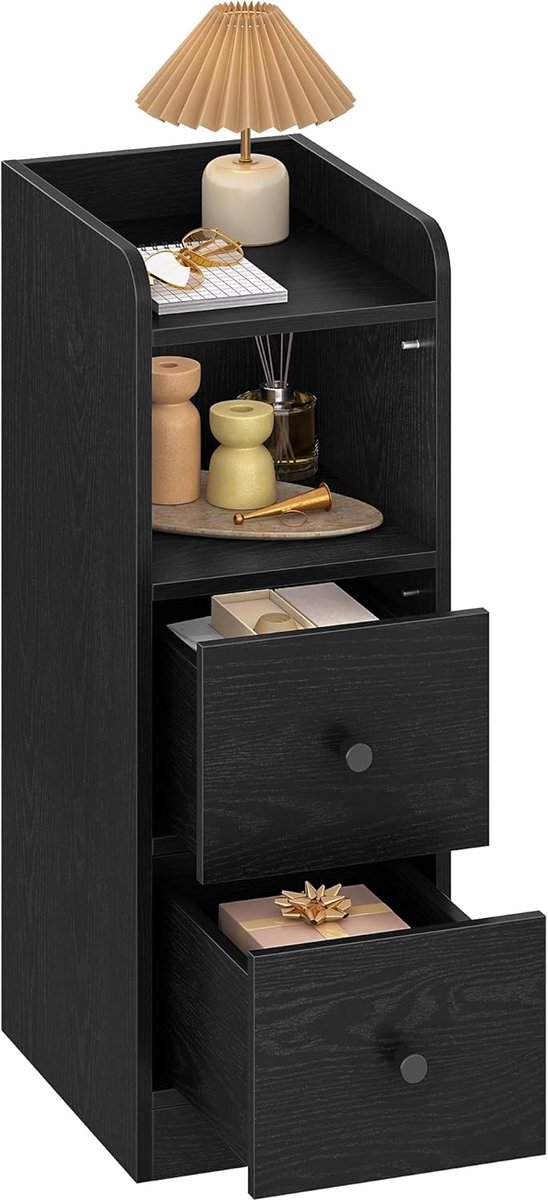 Hzuaneri Nachtkastje Smalle Bijzettafel met 2 Laden, Nachtkastje met Open Vak, Verstelbare Lade Positie voor Slaapkamer, Woonkamer, 30 x 24 x 65 cm, Zwart