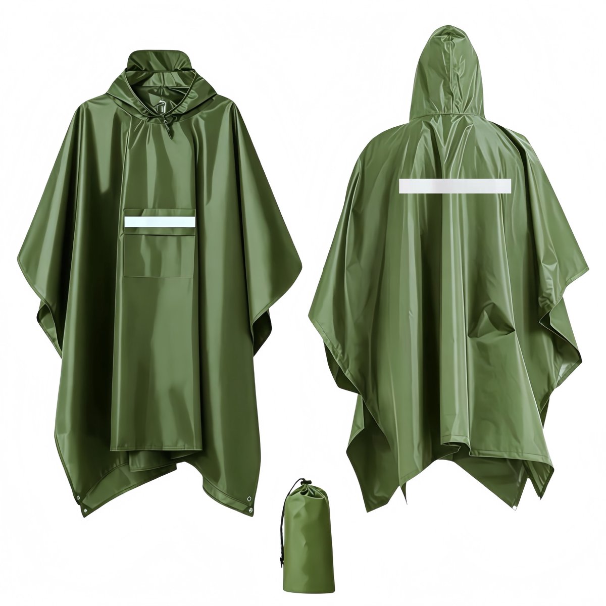 Waterdichte Kapuchon Regenponcho voor Volwassenen - Lichtgewicht Herbruikbare Regenjas - Draagbaar & Opvouwbaar - voor Wandelen, Kamperen, Reizen - Reflecterend - Legergroen - 1 Stuk