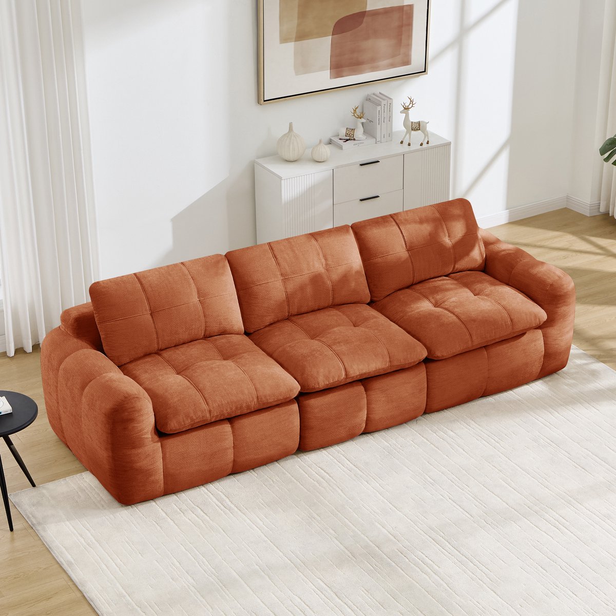 Modulaire 3-Zitsbank, 3-Zits Frameloze Modulaire Bank Met Ruitvormig Doorgestikt Patroon, Huidvriendelijke Chenille Bekleding, Ergonomische, Verdikte Zit- En Rugkussens, Comfortabel Om Langdurig Op Te Zitten, Geen Montage Nodig-Oranje