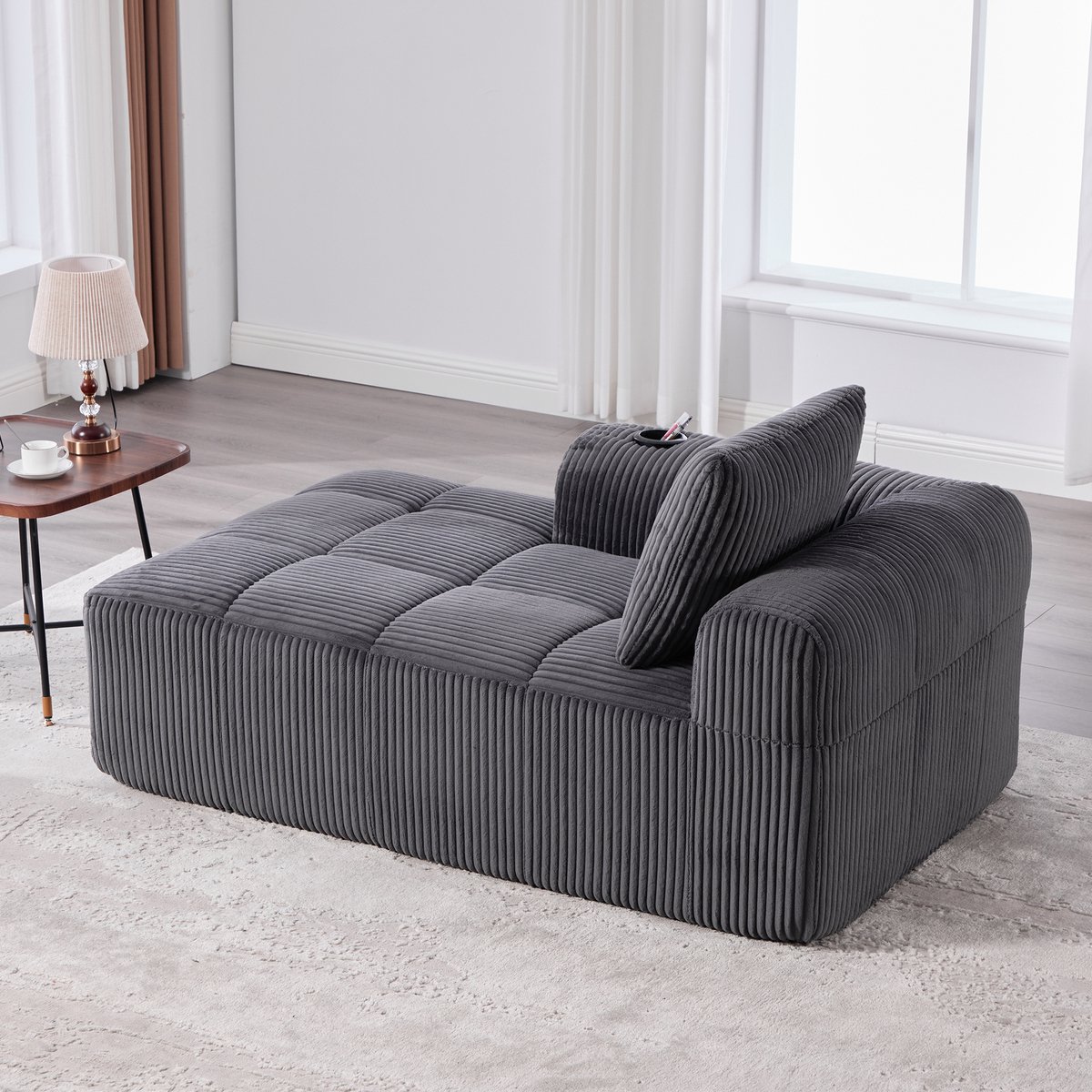 Loungebank 1 Zits - Ribstof Fauteuil Beige/Grijs - Met Cuphouder En Zijvak