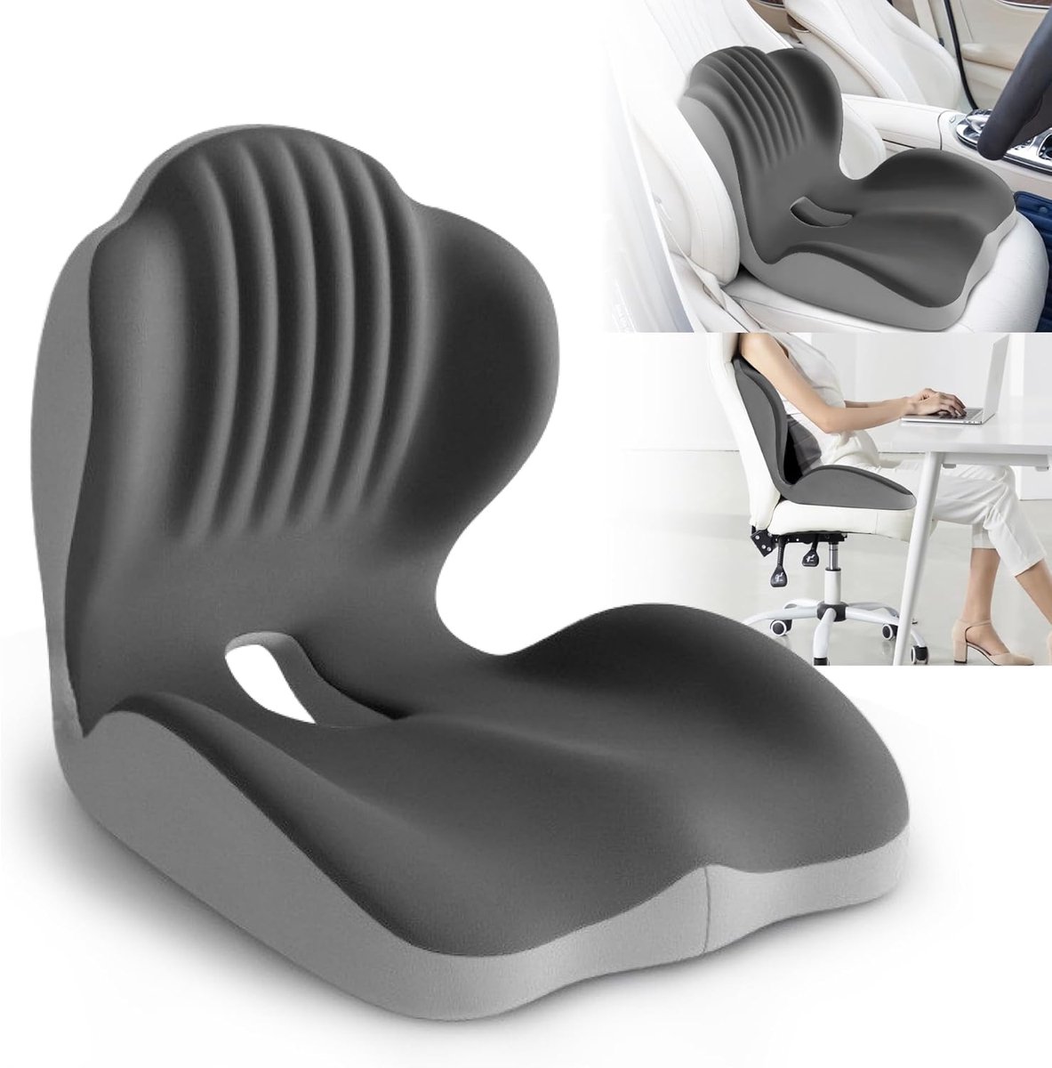 Orthopedisch zitkussen - Zitkussen - Lendensteun - Rugkussen - Traagschuim - Ergonomisch - Voor bureaustoel, auto en gamen - Geschikt voor Kantoor, Auto en Thuis - Memory Foam - 40*44*37cm - Zwart/Grijs