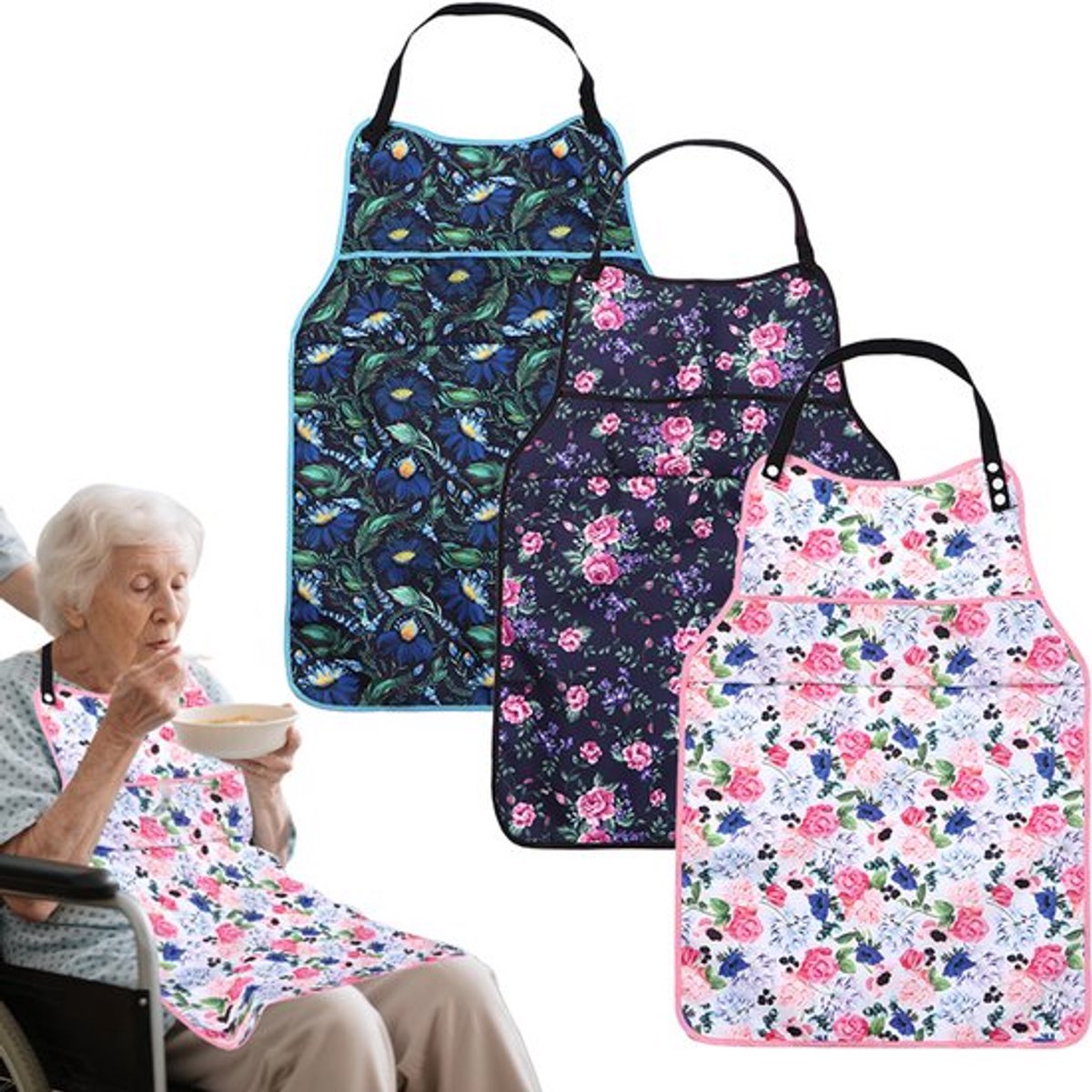 3-delige slabbetjes voor volwassenen voor vrouwen, herbruikbare slabbetjes voor volwassenen, kruimelvanger met bovenvak, waterdichte en afwasbare vaatbeschermer, cadeau voor vrouwen/moeders, gemakkelijk te gebruiken