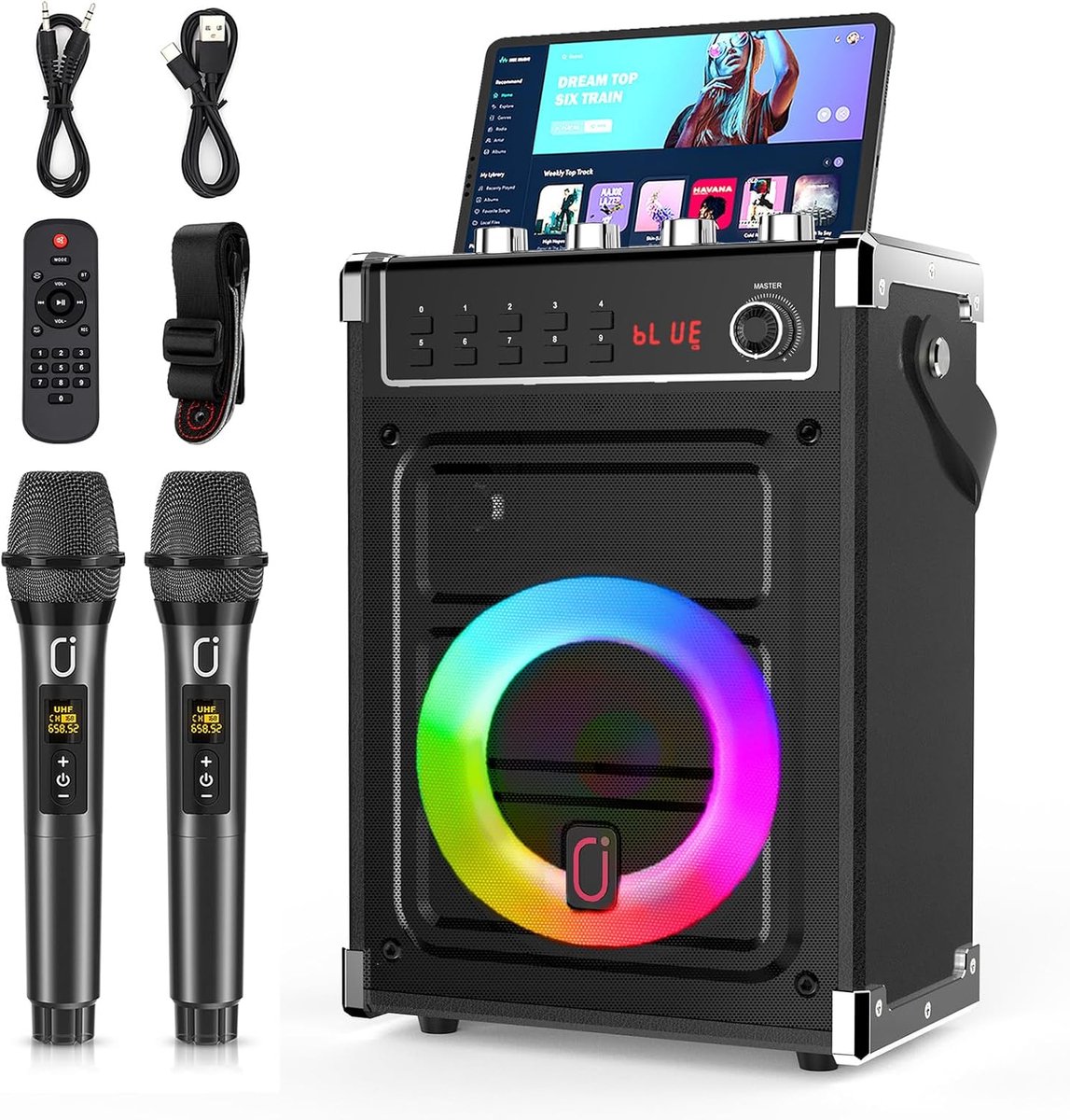 SnelShoppen - Karaoke-machine met 2 UHF-draadloze microfoons, Bluetooth-luidspreker 69 zwart voor feest, kinderen, tuin, camping, gebruiksgemak, perfe