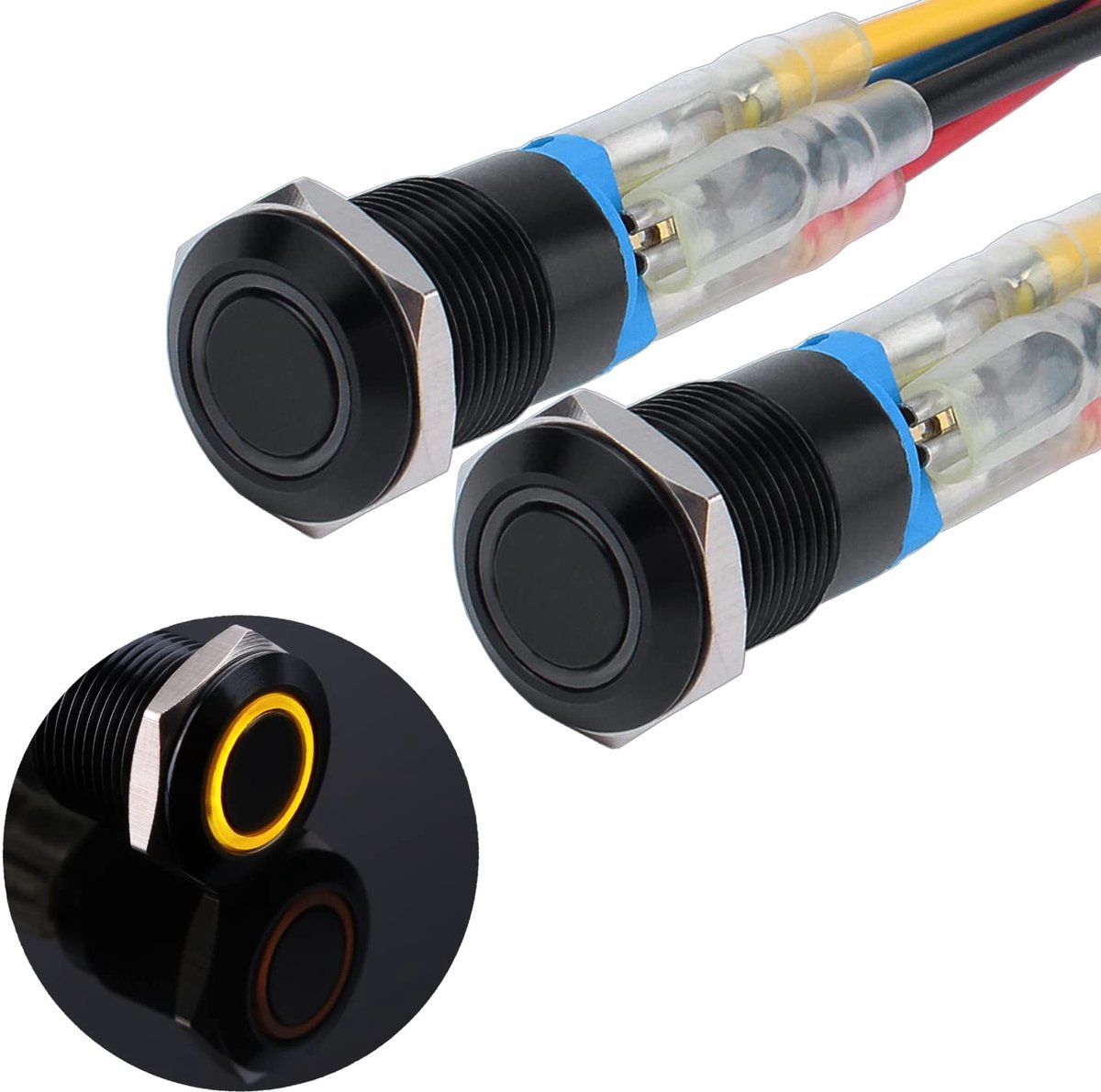 SnelShoppen - 2 x 12 mm 12 V tot 24 V 2 A Zwarte Metaal Drukknop Schakelaar, Waterdichte Aan/Uit Schakelaar met LED Verlichting IP66 1NO (Geel)