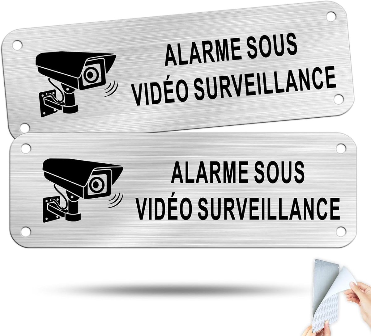 SnelShoppen - Huisbord Video Bewaking, Alarm, Zelfklevend, Geborsteld Aluminium, 15 x 5 cm, Zilver, 2 Stuks, Veiligheid Voor Thuis en Bedrijf