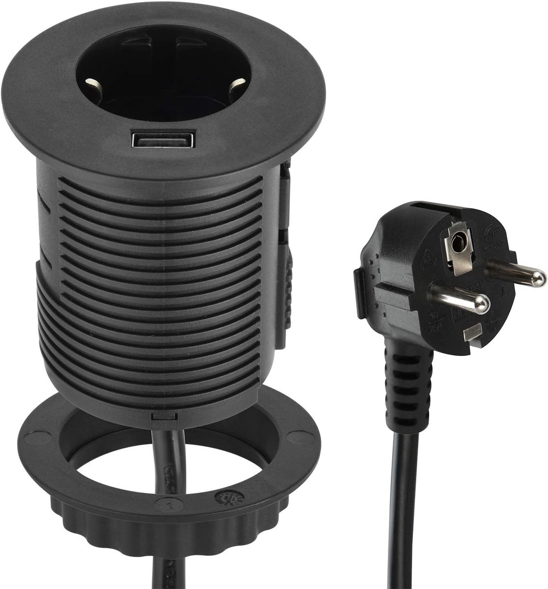 Inbouwstopcontact voor bureau's, USB Fast Charge 2.A, Kabeldoorvoer, Diameter 60 mm, Kabel 2 M, Zwart