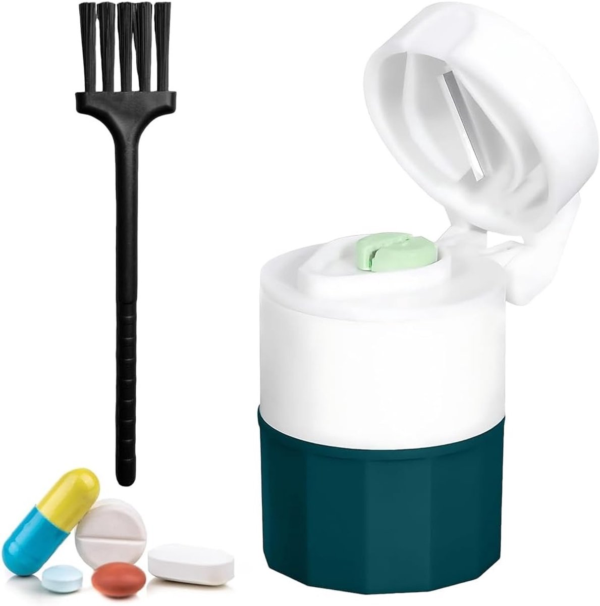 4-in-1 Tabletten Snijder met Borstel en Houder, Ideaal voor Medicijnen Snijden en Opslaan voor Thuis en Reizen