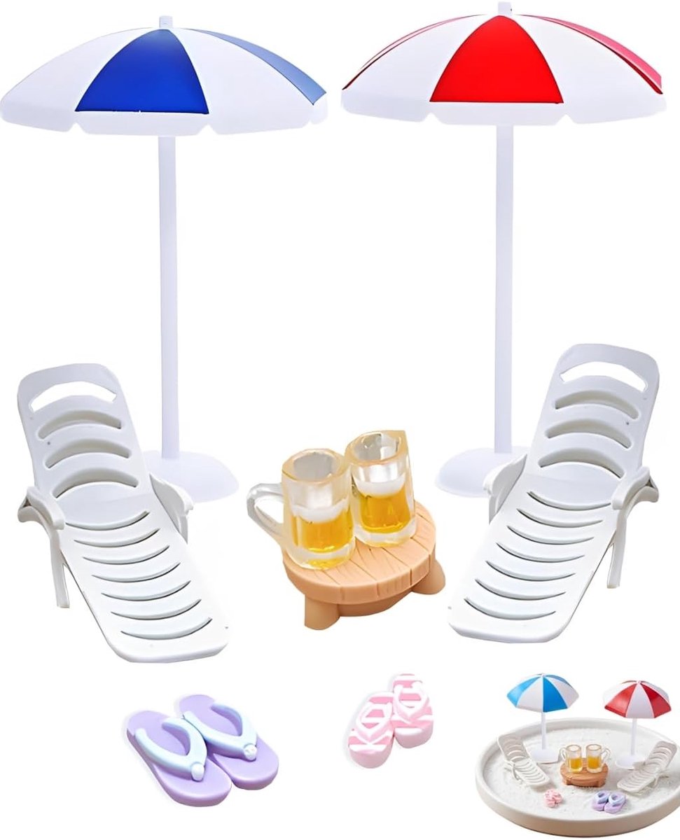 stranddecoratie, 1 set - realistische set met stoelen, parasol en tafel voor poppenhuis en feeëntuin