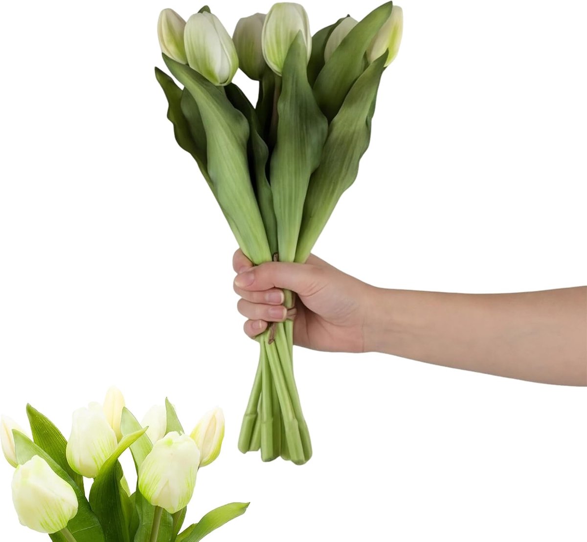 1 set kunsttulpen van 32 cm, net als echt, tulpenboeket met 4 tulpen en 3 tulpknoppen, kunstbloemen, tulpenband, crèmewitte siliconen tulpen