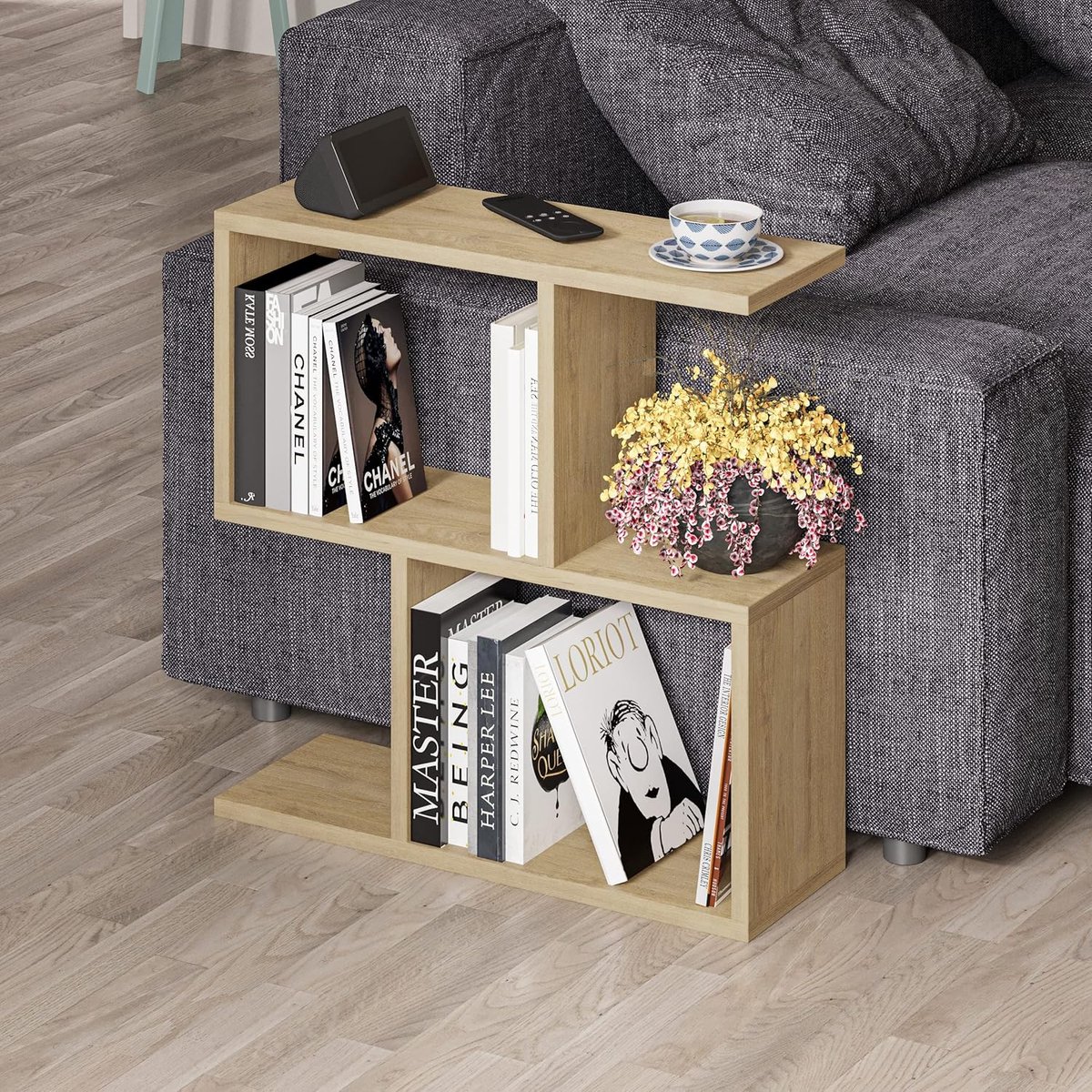 PICUS 2-laags Bijzettafel – C-vorm Opbergtafel 60x60x19,5 cm – Einde Tafel met Planken – Organizer voor Woonkamer, Slaapkamer of Kantoor – Houtkleur (Eiken)