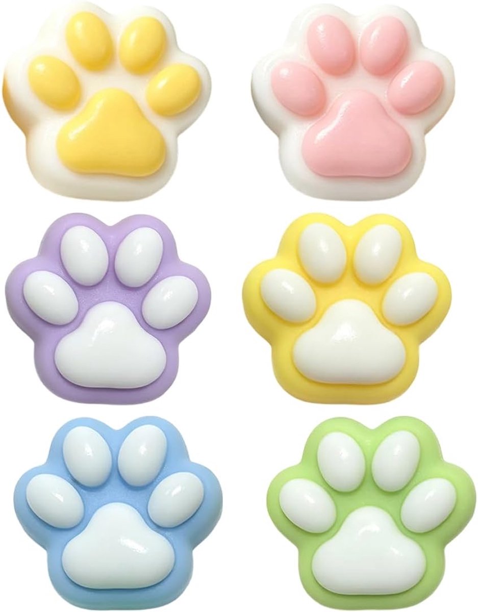Kattenpoot, set van 6 mini-sensorisch speelgoed, ultrazacht, voor decompressie, maat 3,5 cm, kleuren wit-roze, wit-geel, paars-wit, geel-wit, groen-wit, blauw-wit