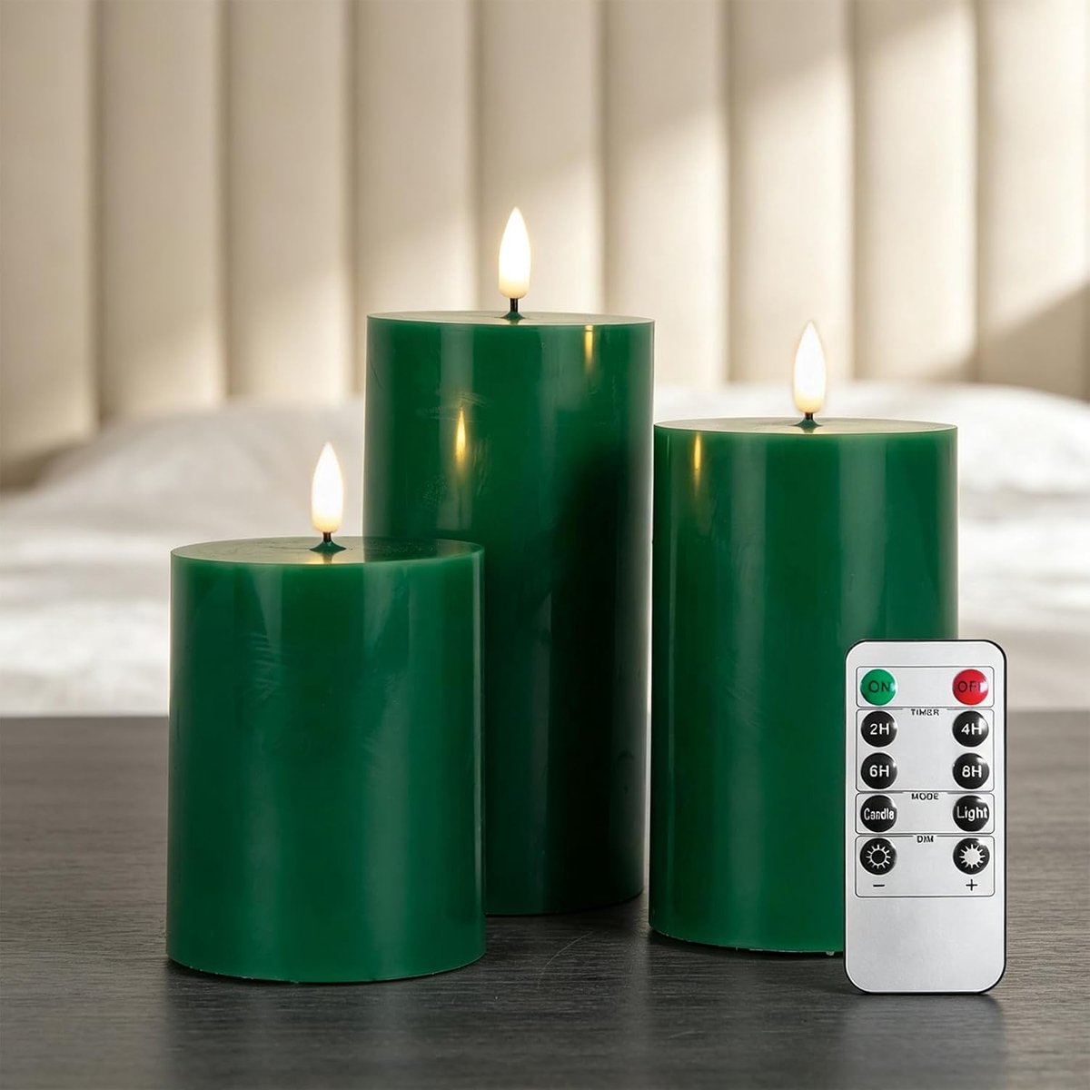 Set van 3 led-kaarsen met timer, elektrische flikkerende kaarsen op batterijen, led-zuilkaarsen, voor camping, bruiloften, woondecoratie (groen)