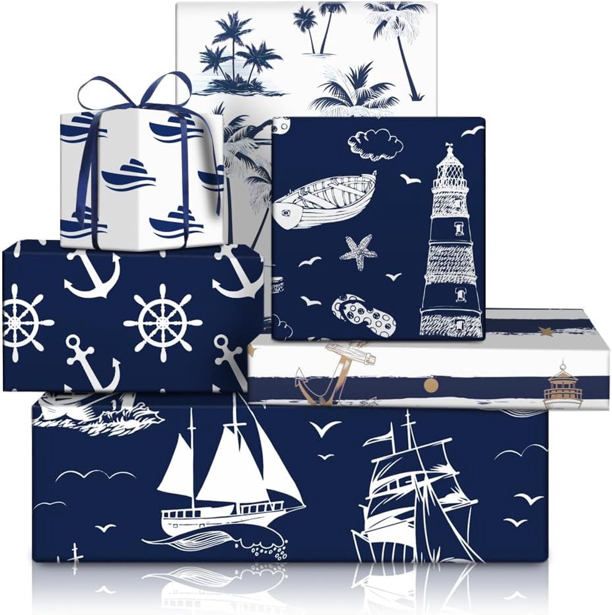 inpakpapier, navigatie, nautisch zeilanker, touw, vis, meeuw, boot, vuurtoren, blauw, geschenkpapier, 50 x 70 cm, 6 gevouwen vellen met 1 rol, blauw lint, voor verjaardag, vakantie