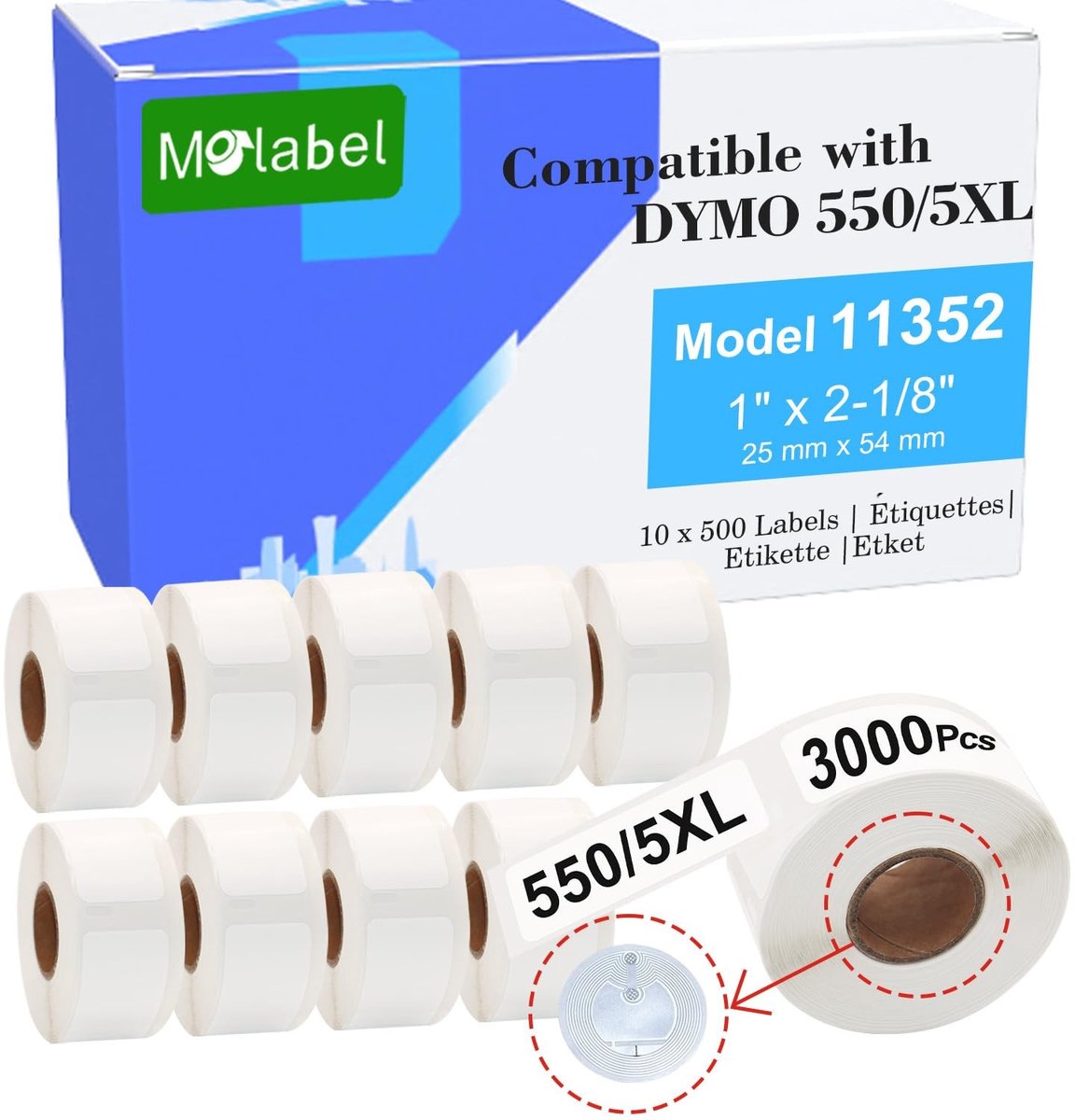 Omgoods - Etiquetas Molabel - 10 rol etiketten met chip, 25 x 54 mm