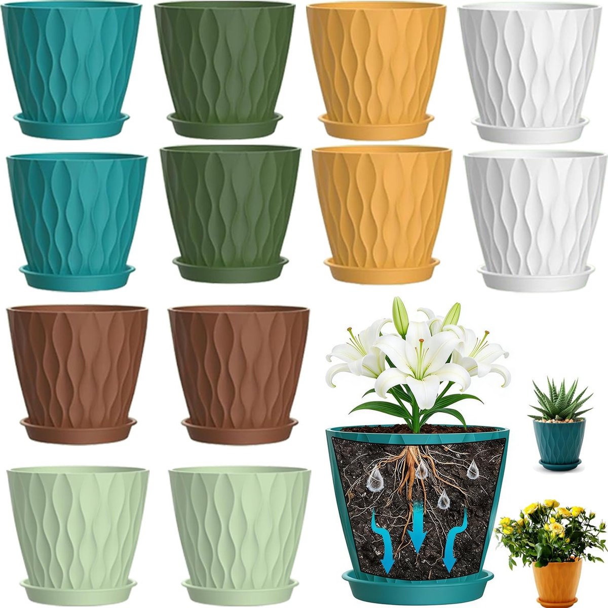 Omgoods - Set van 12 Plastic Bloempotten met Schotels, Diameter 10 cm
