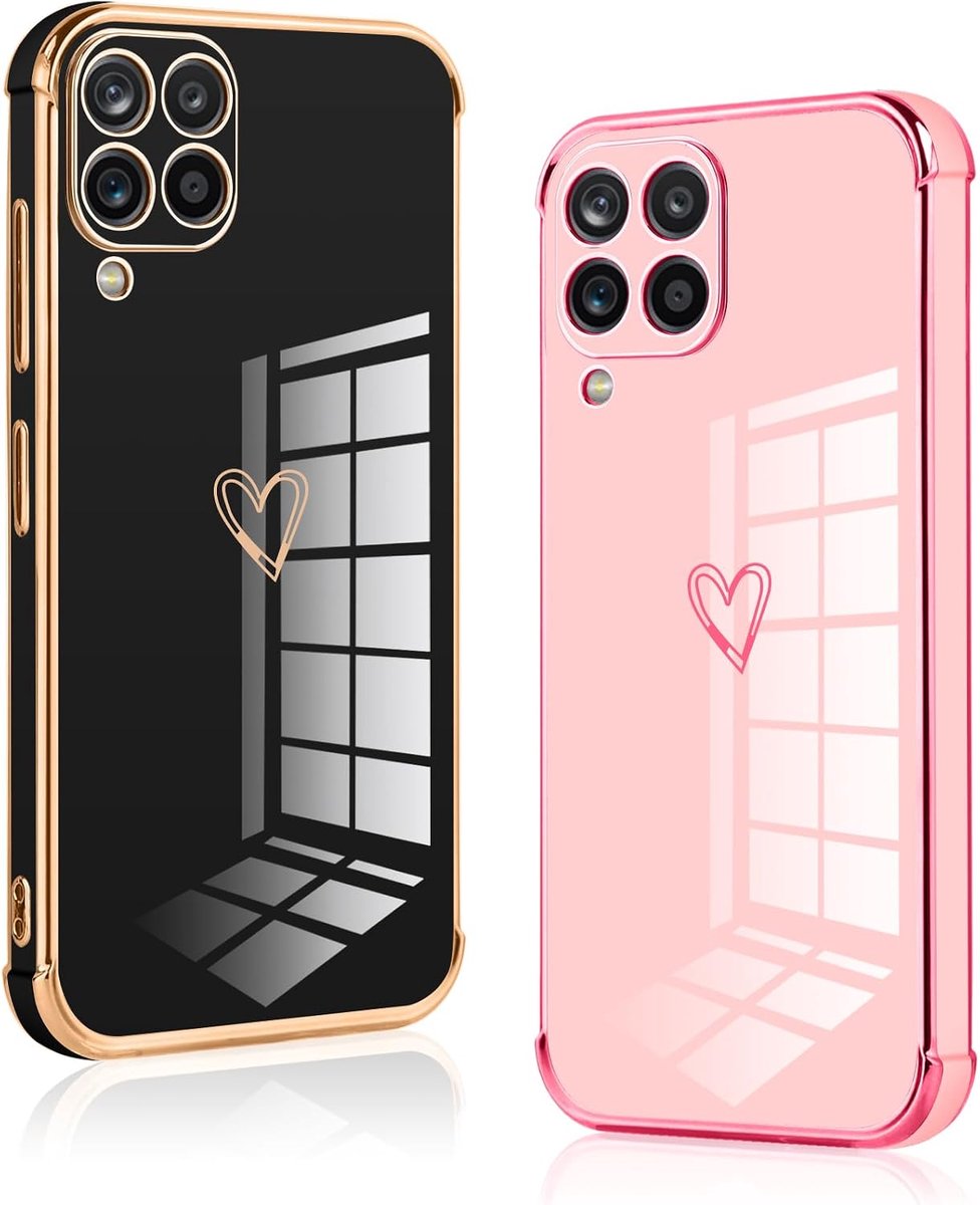 [2 stuks beschermhoes voor Samsung Galaxy A12/M12/A12 Nacho, siliconen, schokbestendig, met hartmotief en gouden rand voor Samsung A12, zwart en roze, 2 stuks