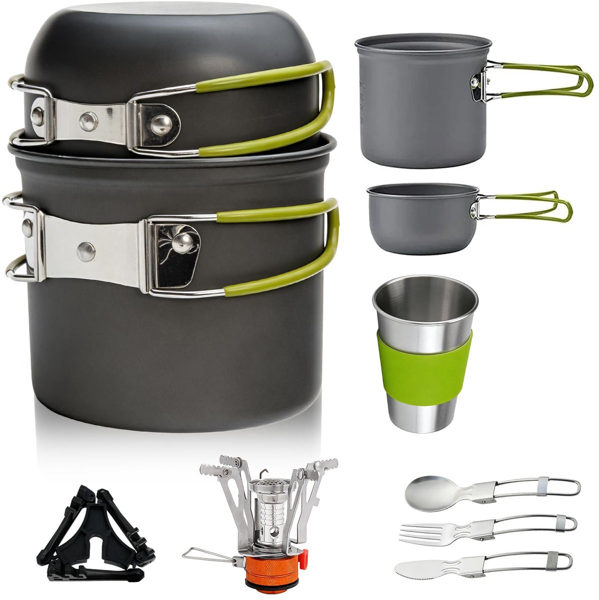 Omgoods- Campingserviesset 10-delig - Draagbare Kookset - Aluminium Pot - Opvouwbaar Bestek - Mini Campingkooktoestel - Lichtgewicht en Duurzaam