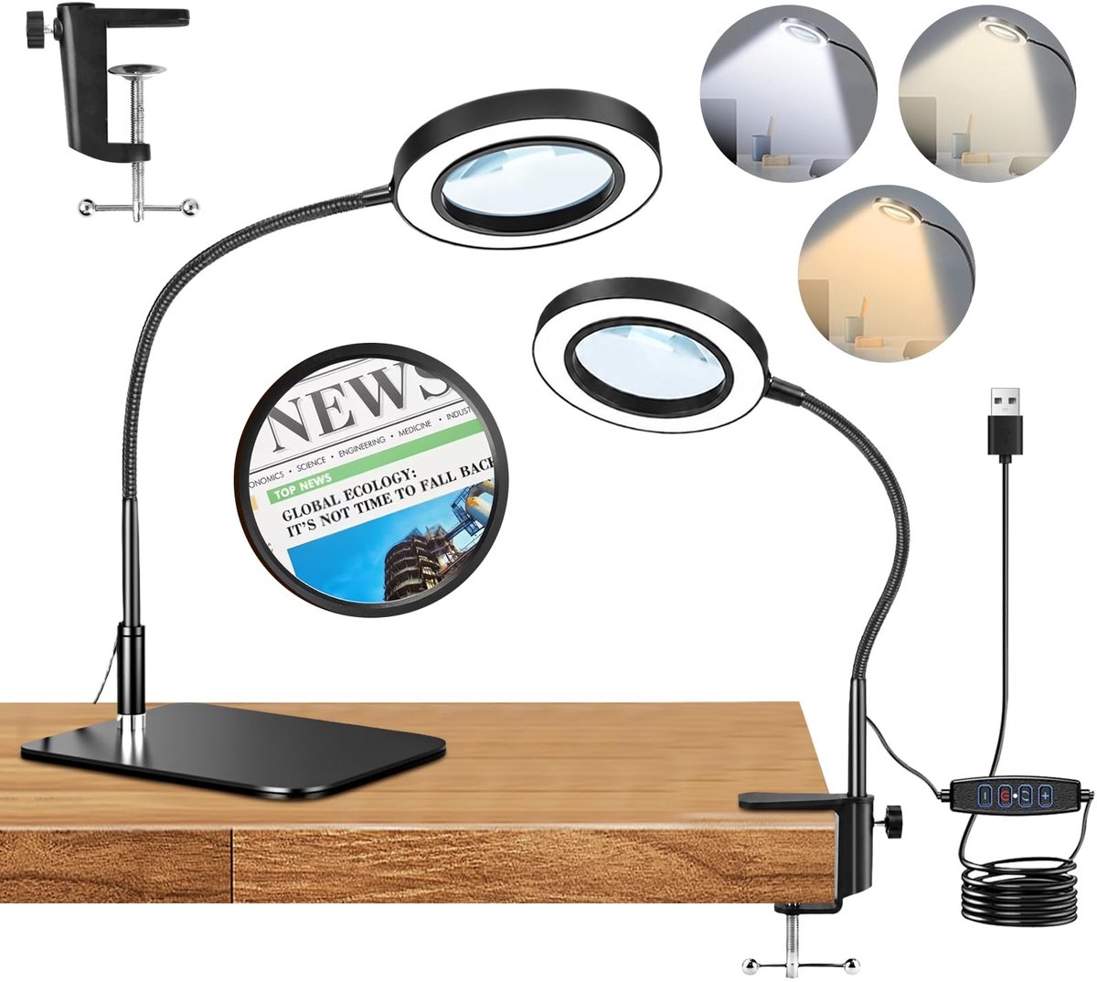 Omgoods - 10x Vergrootglas met LED Licht - Tafelvergrootglas met Sokkel en Klem voor Lezen en Knutselen