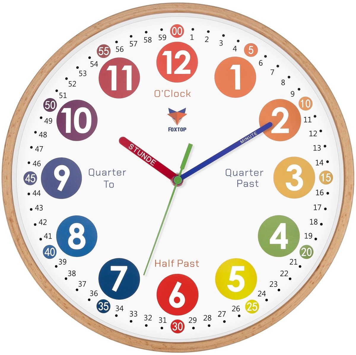 Omgoods - Houten Leerklok voor Kinderen - Stille Analoge Wandklok 30,5 cm