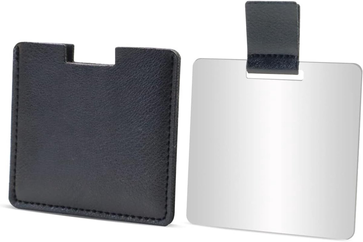 Onbreekbare roestvrijstalen compacte spiegel voor portemonnees, onbreekbare spiegel, reizen met PU-lederen hoes, handheld campingscheerspiegel voor dames en heren, make-up, cadeau (zwart)