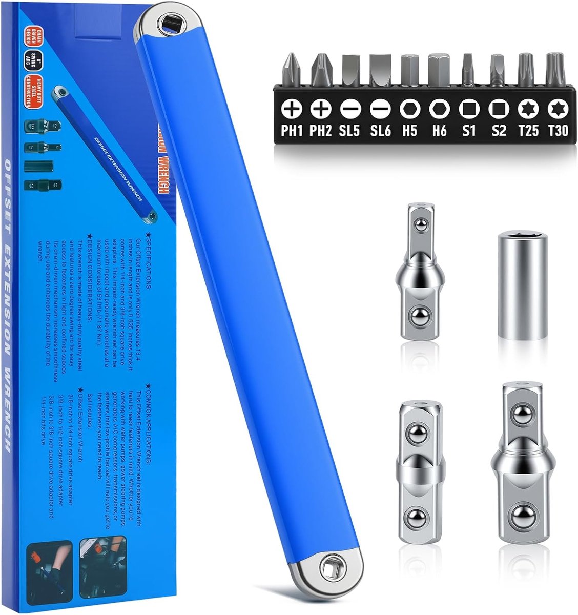Offset Sleutel, verlengsleutel 39 cm (15,4 inch), met 3 stuks 1/2", 1/4" en 3/8" vierkante aandrijfadapters, 10 schroevendraaier bits, ratelverlenging voor KFZ engstellen