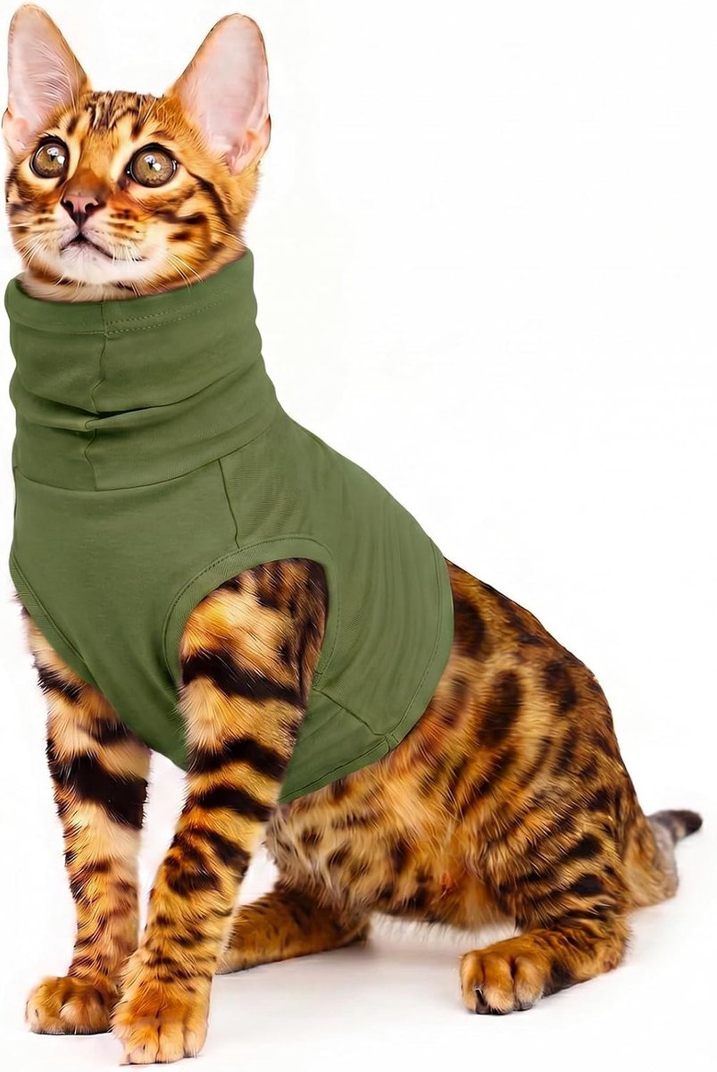 Halswondbeschermer voor katten, bedekkend herstelpak voor katten, snood voor honden ter bescherming van de nek, voorkomt dat huisdieren aan de hechtingen krabben (legergroen, XS)