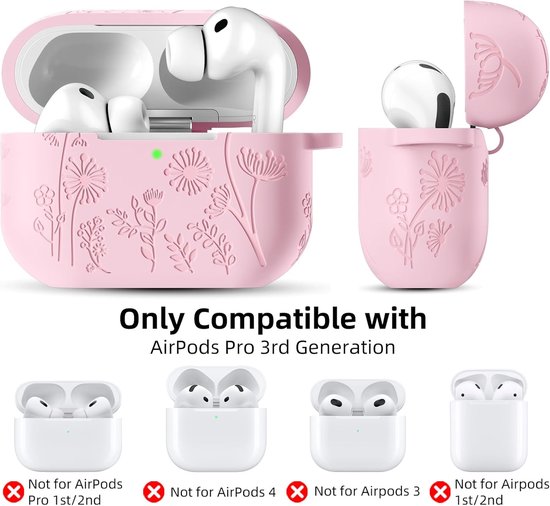 Easuny Voor AirPods Pro 3 Hoesje 2025 - Bloemen Gravure Siliconen Beschermhoes Compatibel met Apple AirPods Pro 3e Generatie - Stootbestendige Hoes met Karabijnhaak & Reinigingsset - Roze — afbeelding 2