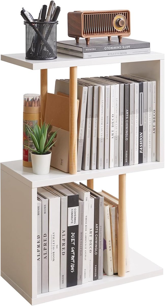 Smal zijtafel met open plank voor opslag, met S-vormige bankpoten, hoogte 60 cm, 3-laags nachtkastje voor kleine ruimtes, salon, slaapkamer, kantoor, wit