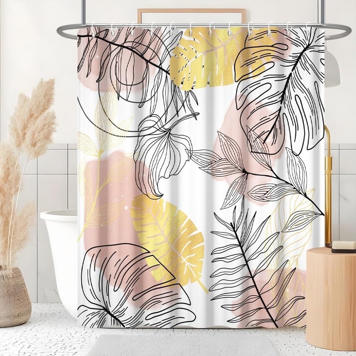 Omgoods - Roze Boho Douchegordijn met Palmbladeren