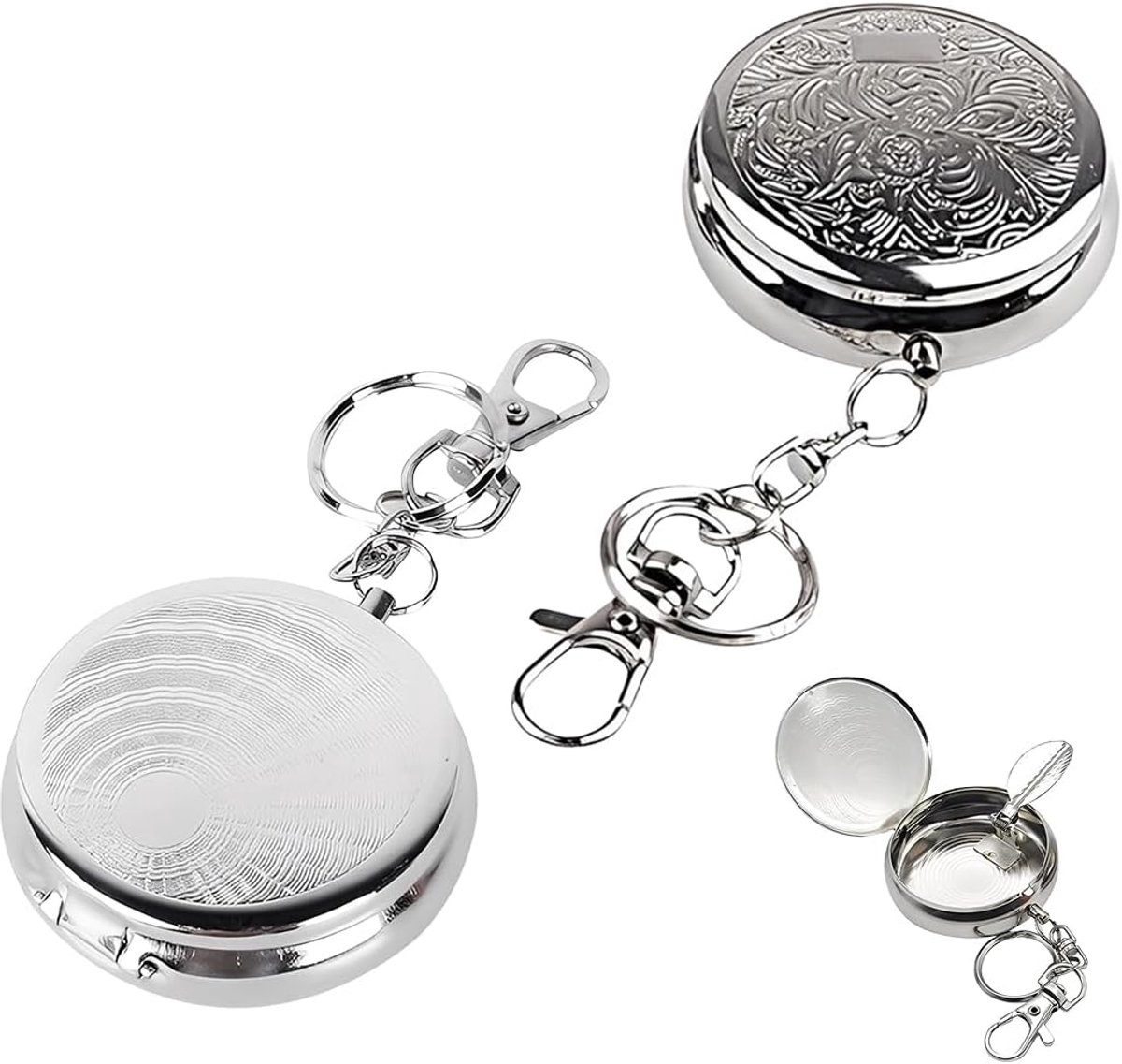 Draagbare tassen, asbak, mini, roestvrij staal, voertuig, sigaretten, asbak met sleutelhanger, zakasbak, geurdicht, voor reizen, camping en outdoor (zilver)