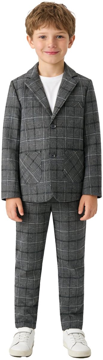Omgoods - 2 Delige Feestoutfit voor Jongens - Grijs Geruite Blazer en Broek Set voor Casual of Bruiloft