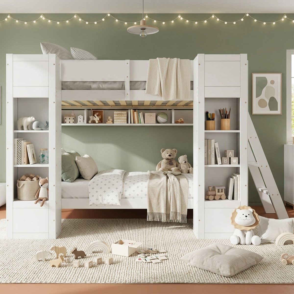 MIVRAY Stapelbed 90x200cm Zonder Matras - Kinderbed met Opbergruimte en Trap Links Of Rechts - Met Uitvalbeveiliging - Hout MDF - Wit