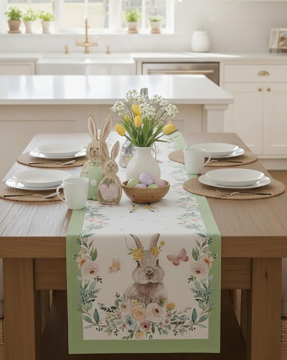 Tafelloper lente, Pasen, bloemen, hazen, decoratie, paashaas, kleurrijk, wasbaar, keuken, eettafel, tafel, decoratie, 40 x 140 cm, hazen en kleurrijke eieren